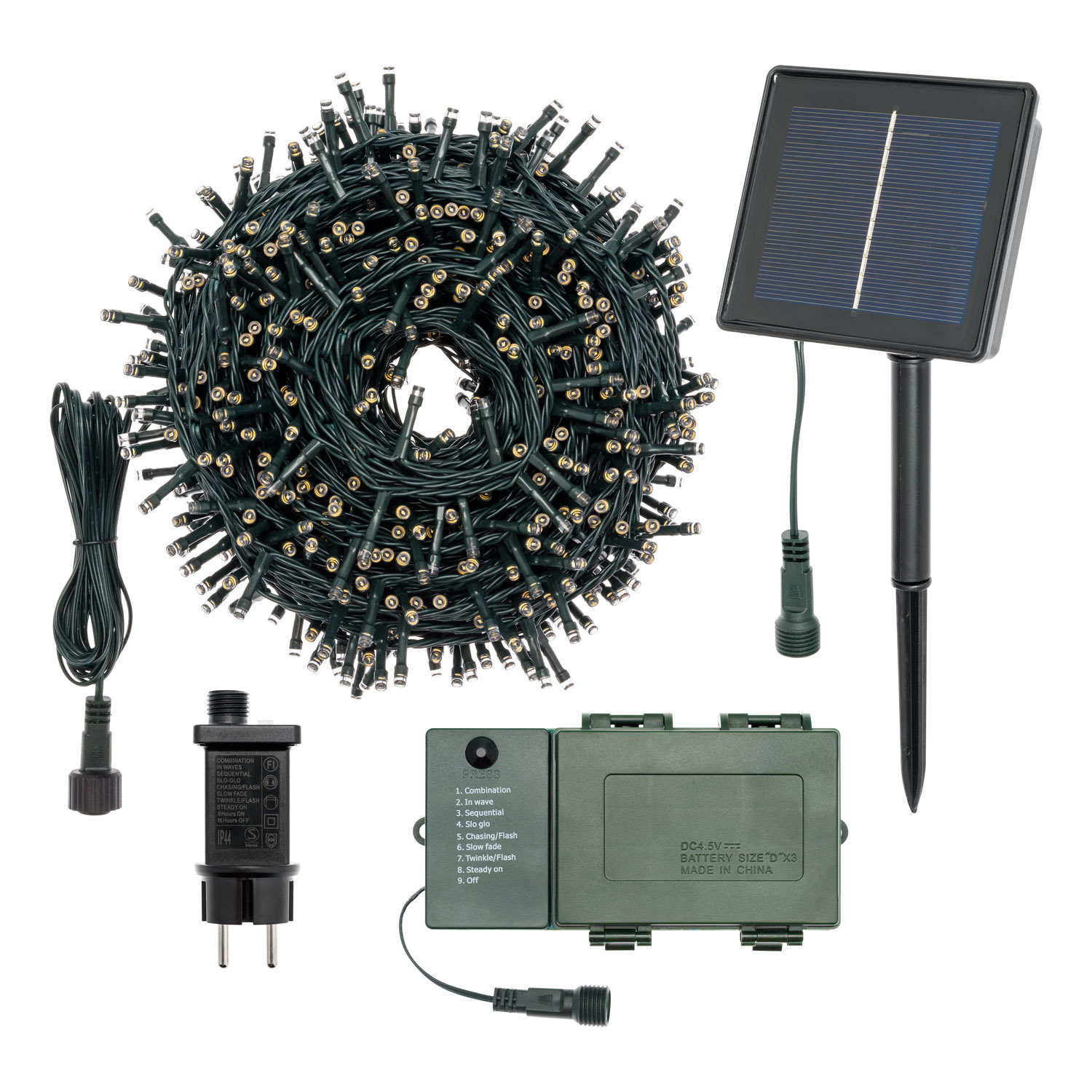 LED řetěz 50m 1000 LED na baterie / solární / trafo 230V venkovní, teplá bílá